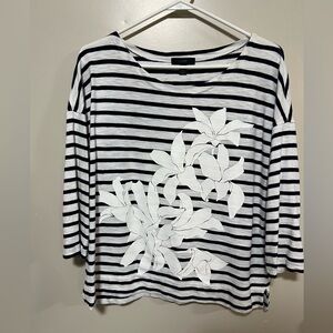 J Crew women long sleeve Cotton navy & white striped floral Top shirt L Nautical